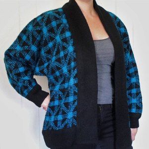 Vintage Avon Fashions Blue and Black Plaid Open Front Cardigan